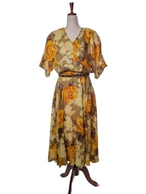 Vintage Sportmax Yellow Floral Rose Linen Dress